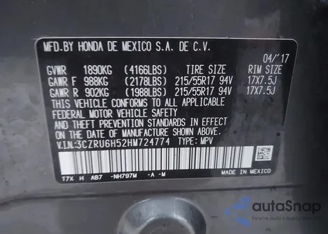 2017 Honda Hr-V Ex z USA, uszkodzony, nr VIN 3CZRU6H52HM724774